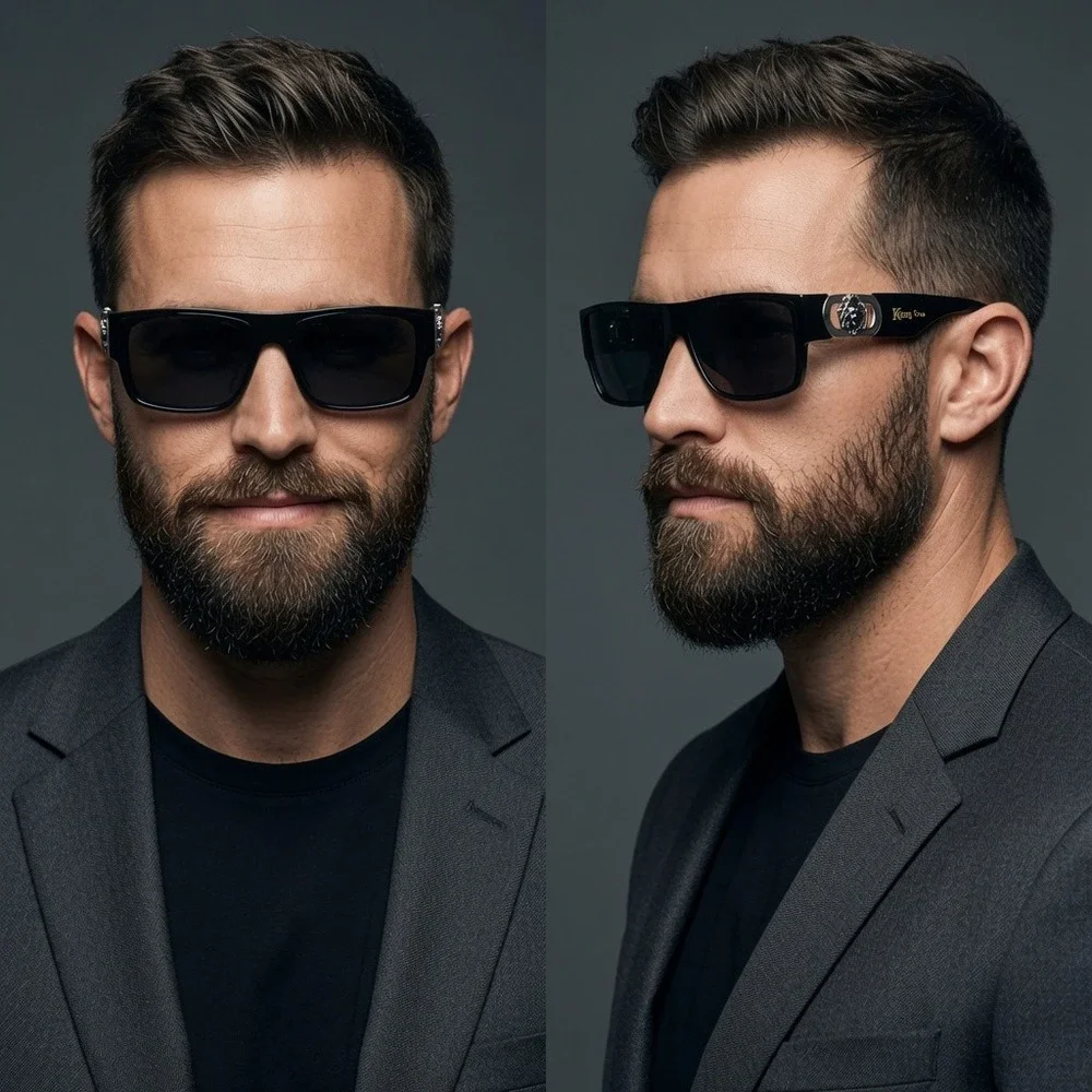 Mens Black Rectangular Sunglasses Silver Lion Head Medallion Flat Top Shades NEW